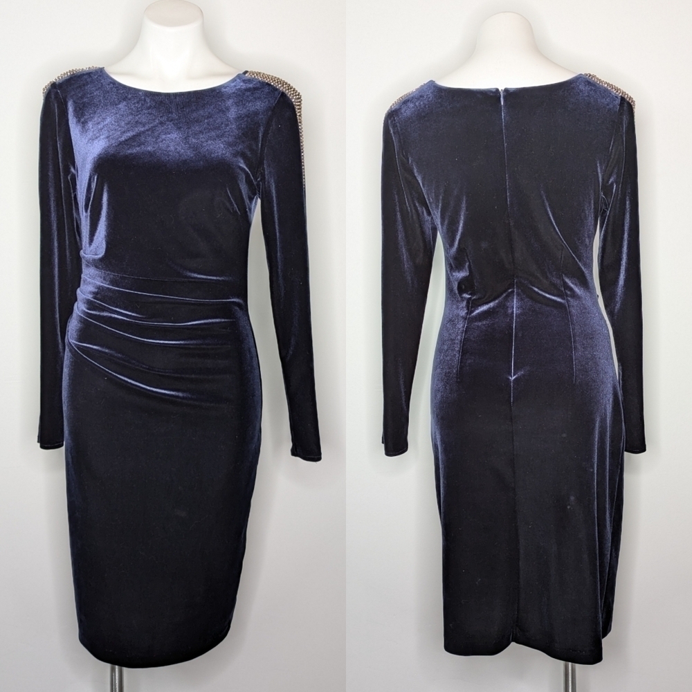 Xscape blue velvet beaded sleeve knee length dress 8